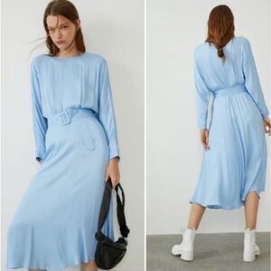 NWT Zara Woman Blue Silky Satin Effect Round-Neckline Midi Maxi Dress Size L